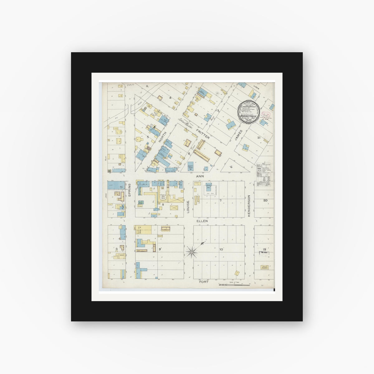 Old map wall art mockup — black gallery frame with white mat — Sanborn Fire Insurance Map from Brackettville, Kinney County, Texas (1894), Sheet #0001