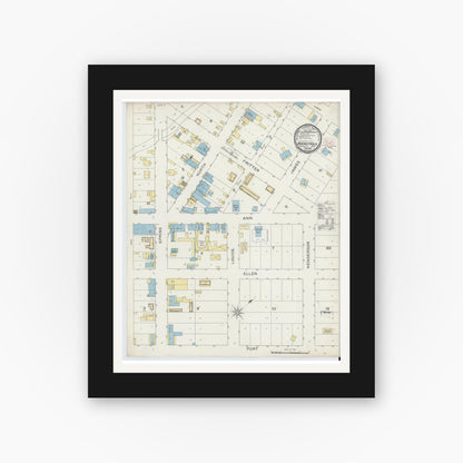Old map wall art mockup — black gallery frame with white mat — Sanborn Fire Insurance Map from Brackettville, Kinney County, Texas (1894), Sheet #0001