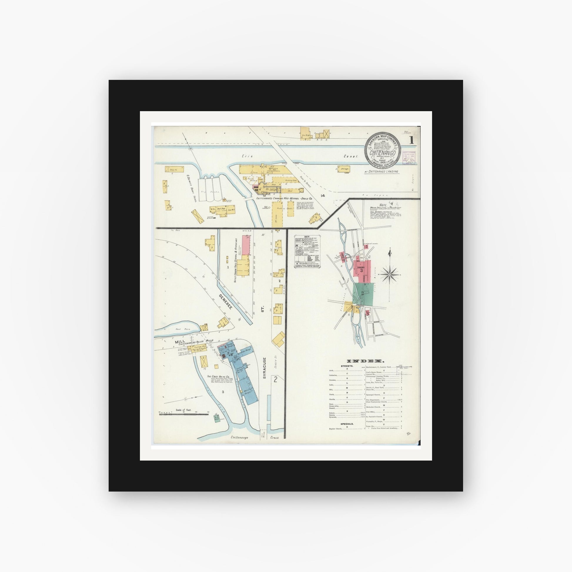 Old map wall art mockup — black gallery frame with white mat — Sanborn Fire Insurance Map from Chittenango, Madison County, New York (1906) - Complete Map Set
