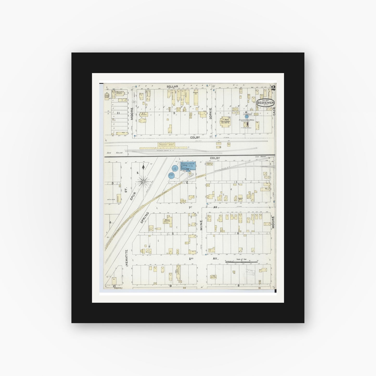 Old map wall art mockup — black gallery frame with white mat — Sanborn Fire Insurance Map from Bessemer, Gogebic County, Michigan (1891), Sheet #0002