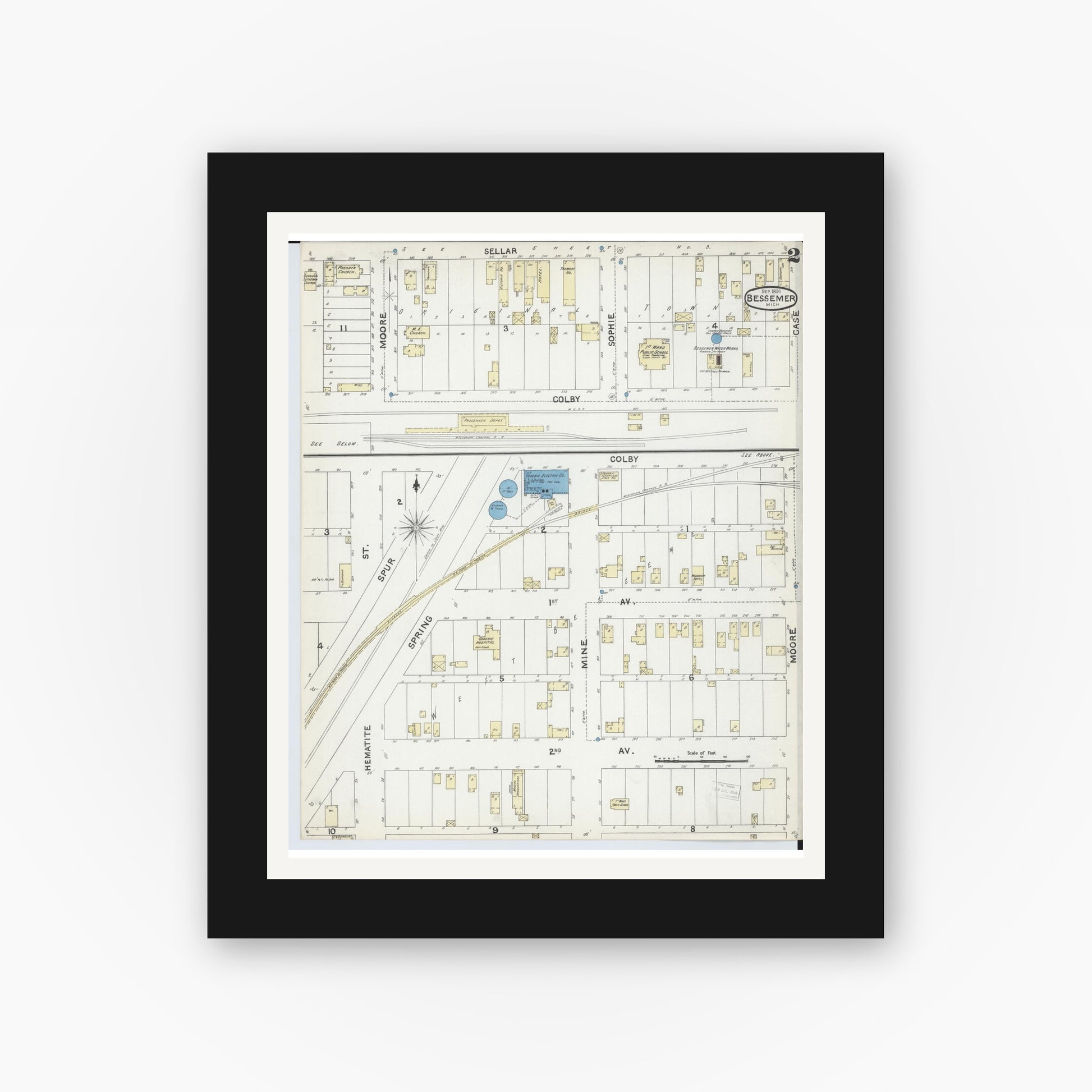 Old map wall art mockup — black gallery frame with white mat — Sanborn Fire Insurance Map from Bessemer, Gogebic County, Michigan (1891), Sheet #0002