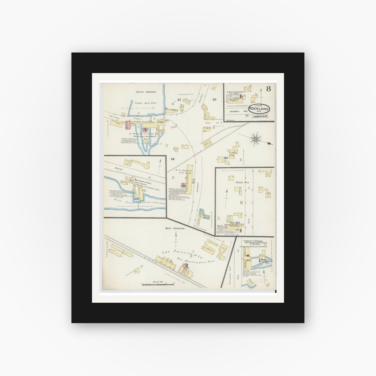 Old map wall art mockup — black gallery frame with white mat — Sanborn Fire Insurance Map from Rockland, Plymouth County, Massachusetts (1891), Sheet #0008
