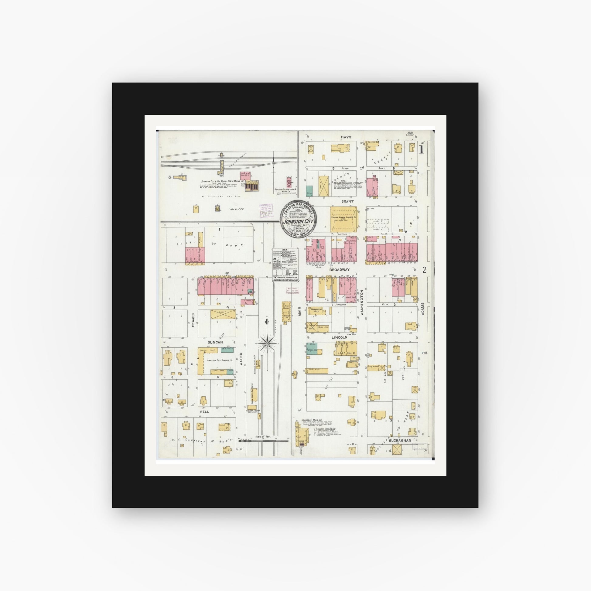 Old map wall art mockup — black gallery frame with white mat — Sanborn Fire Insurance Map from Johnston City, Williamson County, Illinois (1906) - Complete Map Set