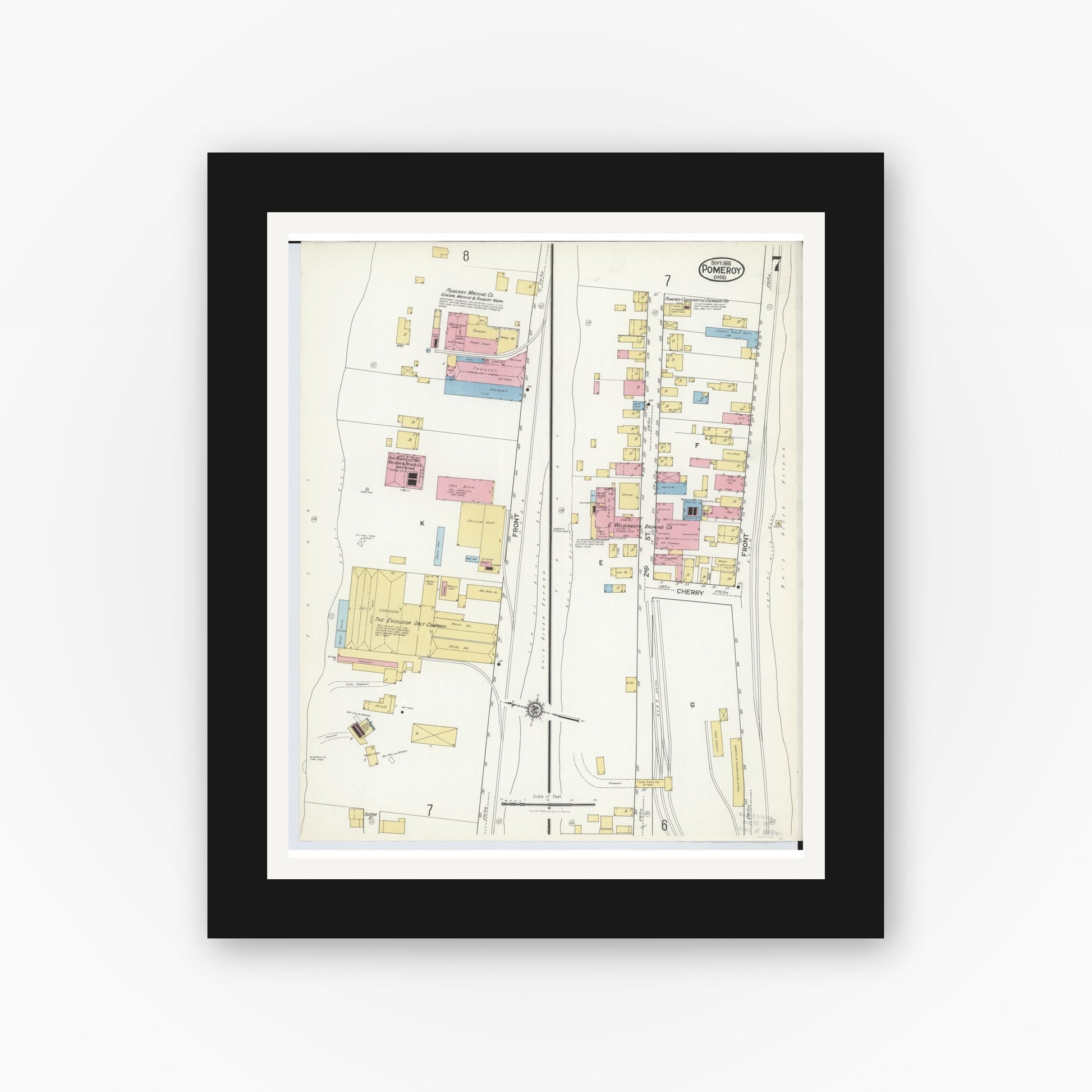 Old map wall art mockup — black gallery frame with white mat — Sanborn Fire Insurance Map from Pomeroy, Meigs County, Ohio (1916), Sheet #0007