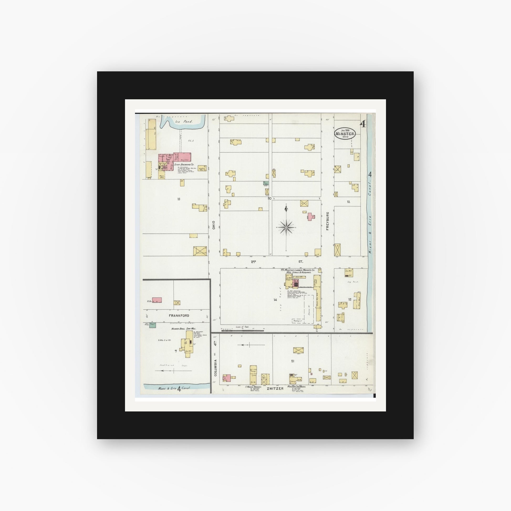 Old map wall art mockup — black gallery frame with white mat — Sanborn Fire Insurance Map from Minster, Auglaize County, Ohio (1899), Sheet #0004