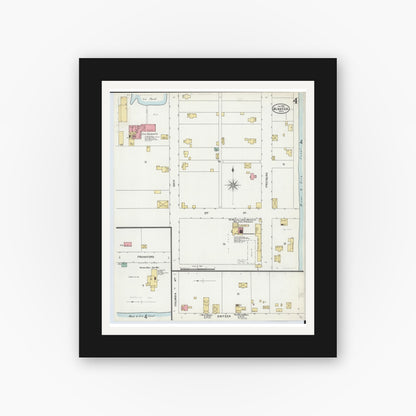 Old map wall art mockup — black gallery frame with white mat — Sanborn Fire Insurance Map from Minster, Auglaize County, Ohio (1899), Sheet #0004