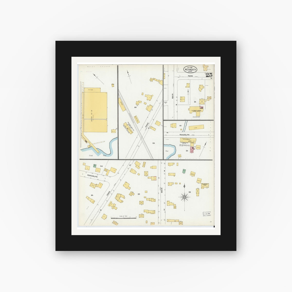 Old map wall art mockup — black gallery frame with white mat — Sanborn Fire Insurance Map from Weymouth, Norfolk County, Massachusetts (1904), Sheet #0025