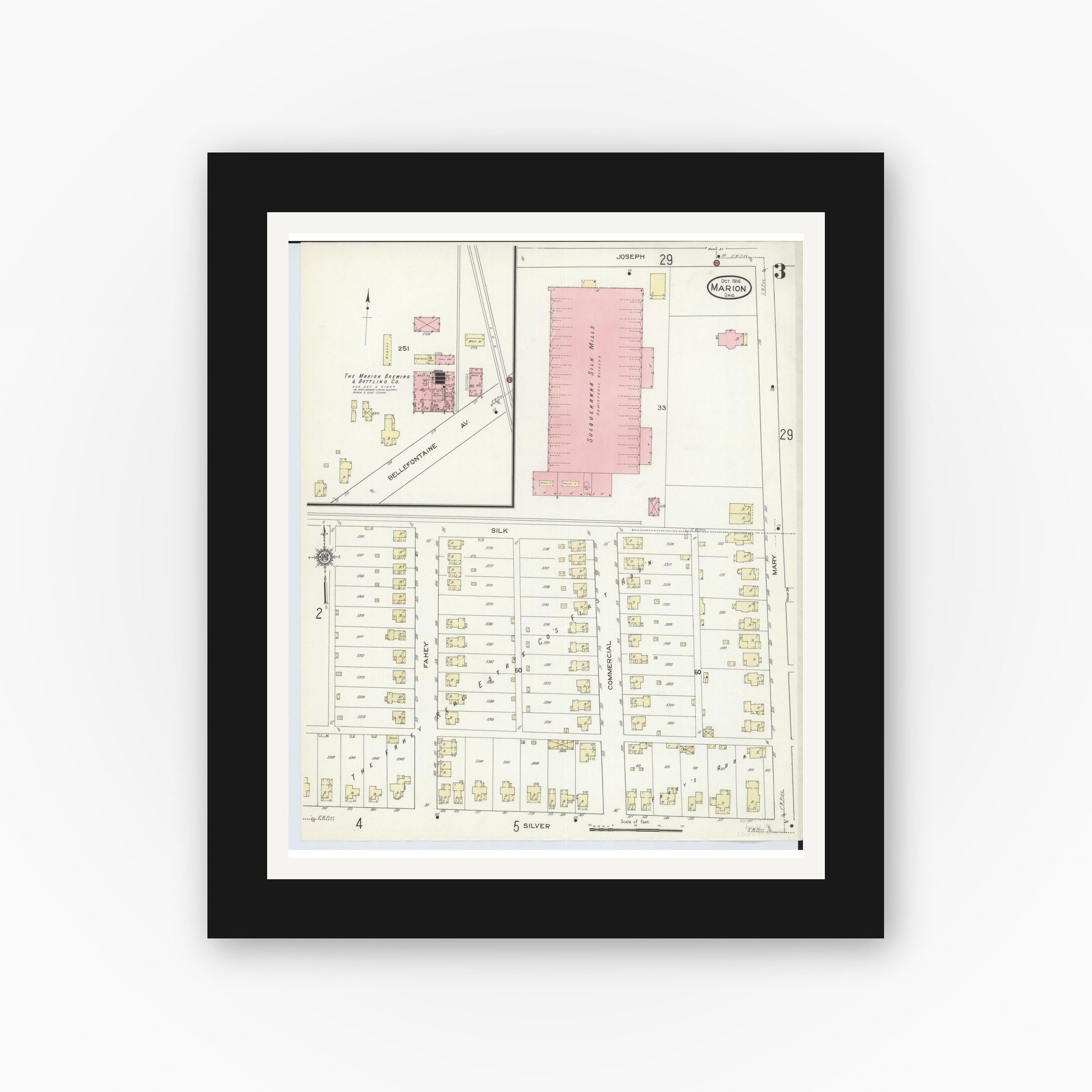 Old map wall art mockup — black gallery frame with white mat — Sanborn Fire Insurance Map from Marion, Marion County, Ohio (1914), Sheet #0003
