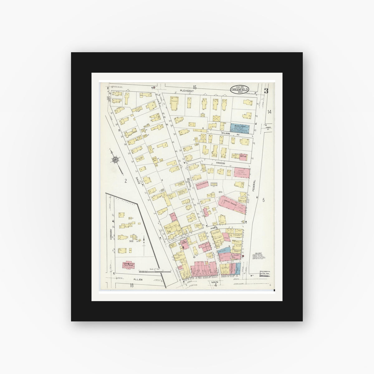 Old map wall art mockup — black gallery frame with white mat — Sanborn Fire Insurance Map from Greenfield, Franklin County, Massachusetts (1914), Sheet #0003