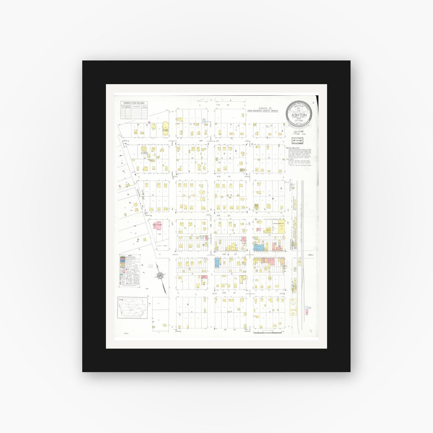 Old map wall art mockup — black gallery frame with white mat — Sanborn Fire Insurance Map from Ashton, Osceola County, Iowa (1935), Sheet #0001