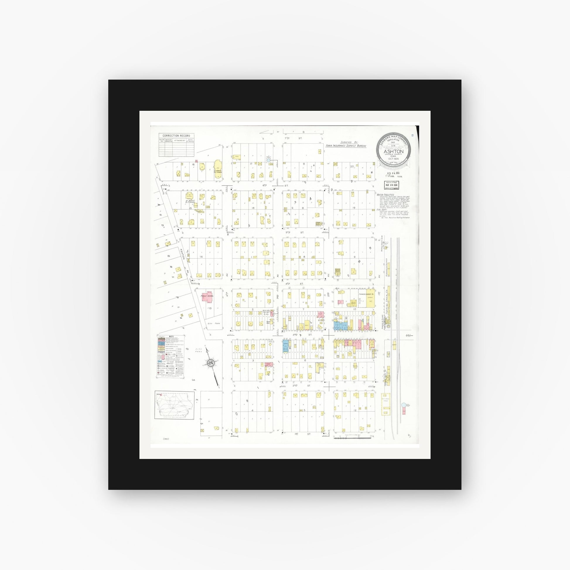 Old map wall art mockup — black gallery frame with white mat — Sanborn Fire Insurance Map from Ashton, Osceola County, Iowa (1935), Sheet #0001