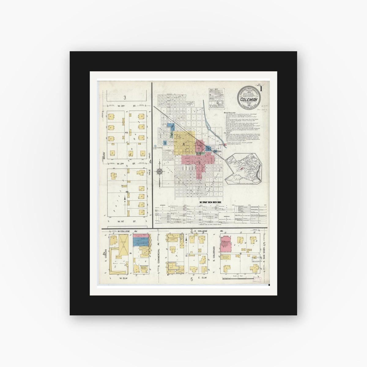 Old map wall art mockup — black gallery frame with white mat — Sanborn Fire Insurance Map from Coleman, Coleman County, Texas (1916), Sheet #0001