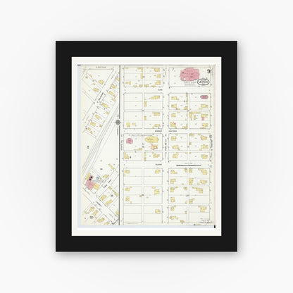 Old map wall art mockup — black gallery frame with white mat — Sanborn Fire Insurance Map from Leipsic, Putnam County, Ohio (1916), Sheet #0009