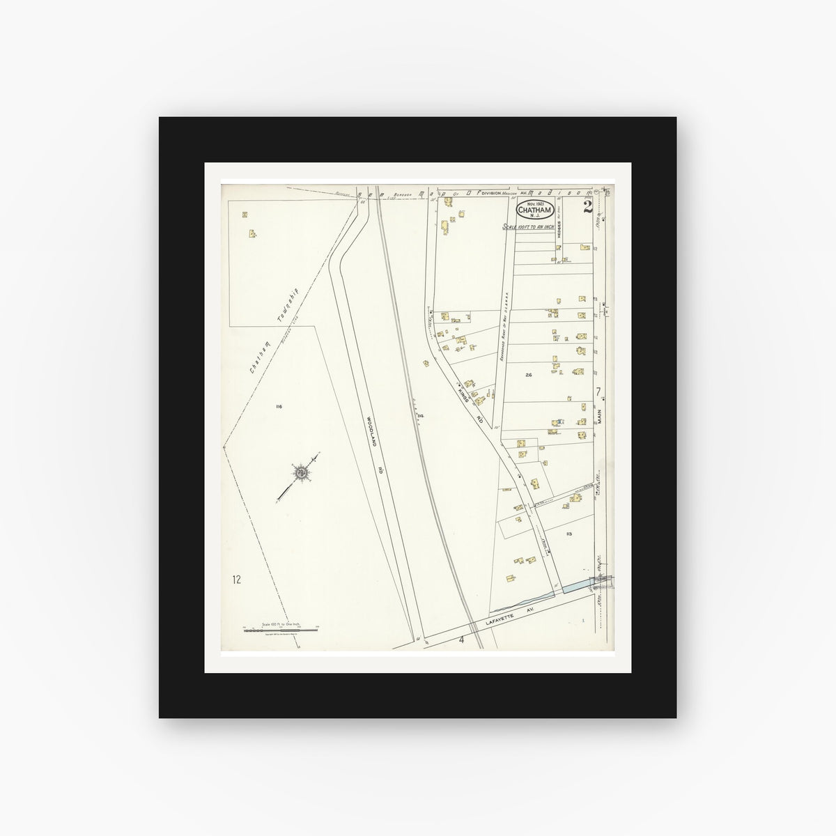 Old map wall art mockup — black gallery frame with white mat — Sanborn Fire Insurance Map from Chatham, Morris County, New Jersey (1921), Sheet #0002