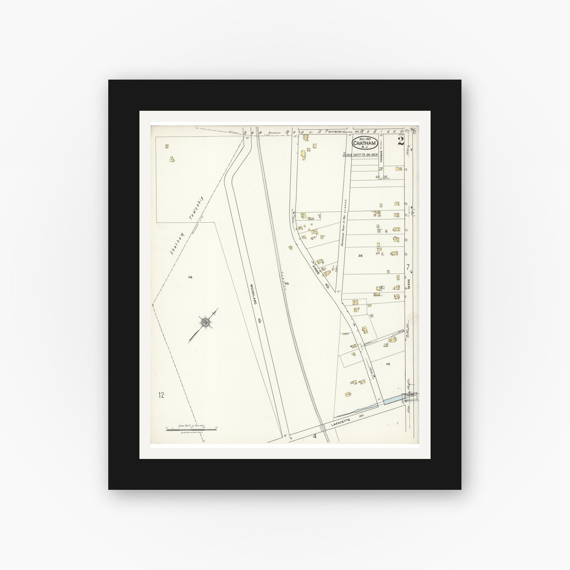 Old map wall art mockup — black gallery frame with white mat — Sanborn Fire Insurance Map from Chatham, Morris County, New Jersey (1921), Sheet #0002
