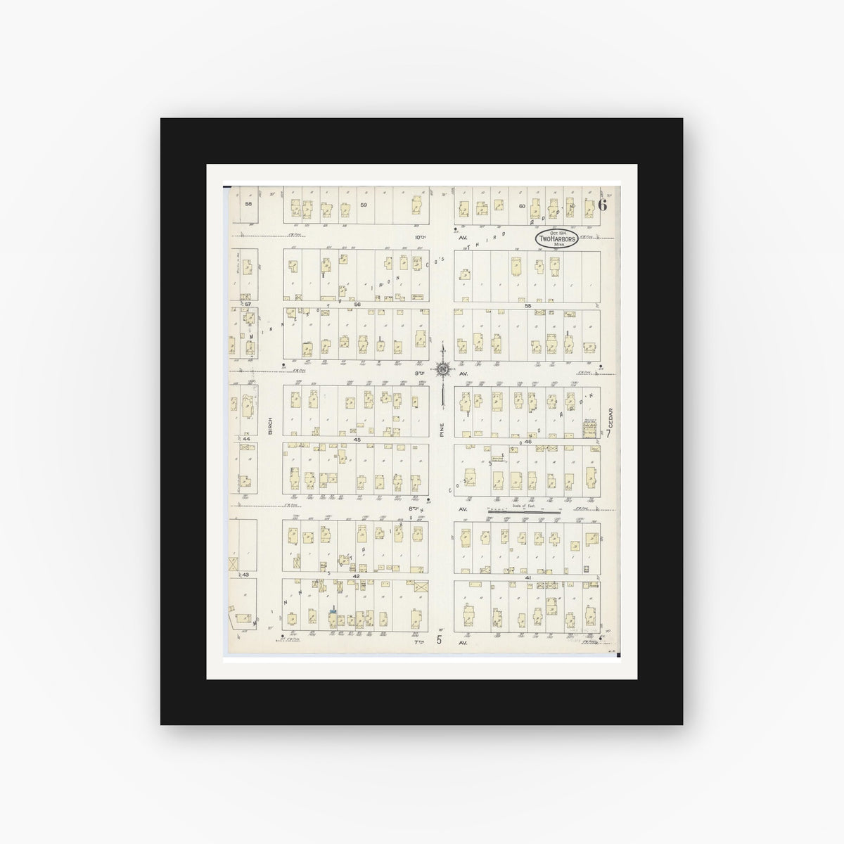 Old map wall art mockup — black gallery frame with white mat — Sanborn Fire Insurance Map from Two Harbors, Lake County, Minnesota (1914), Sheet #0006