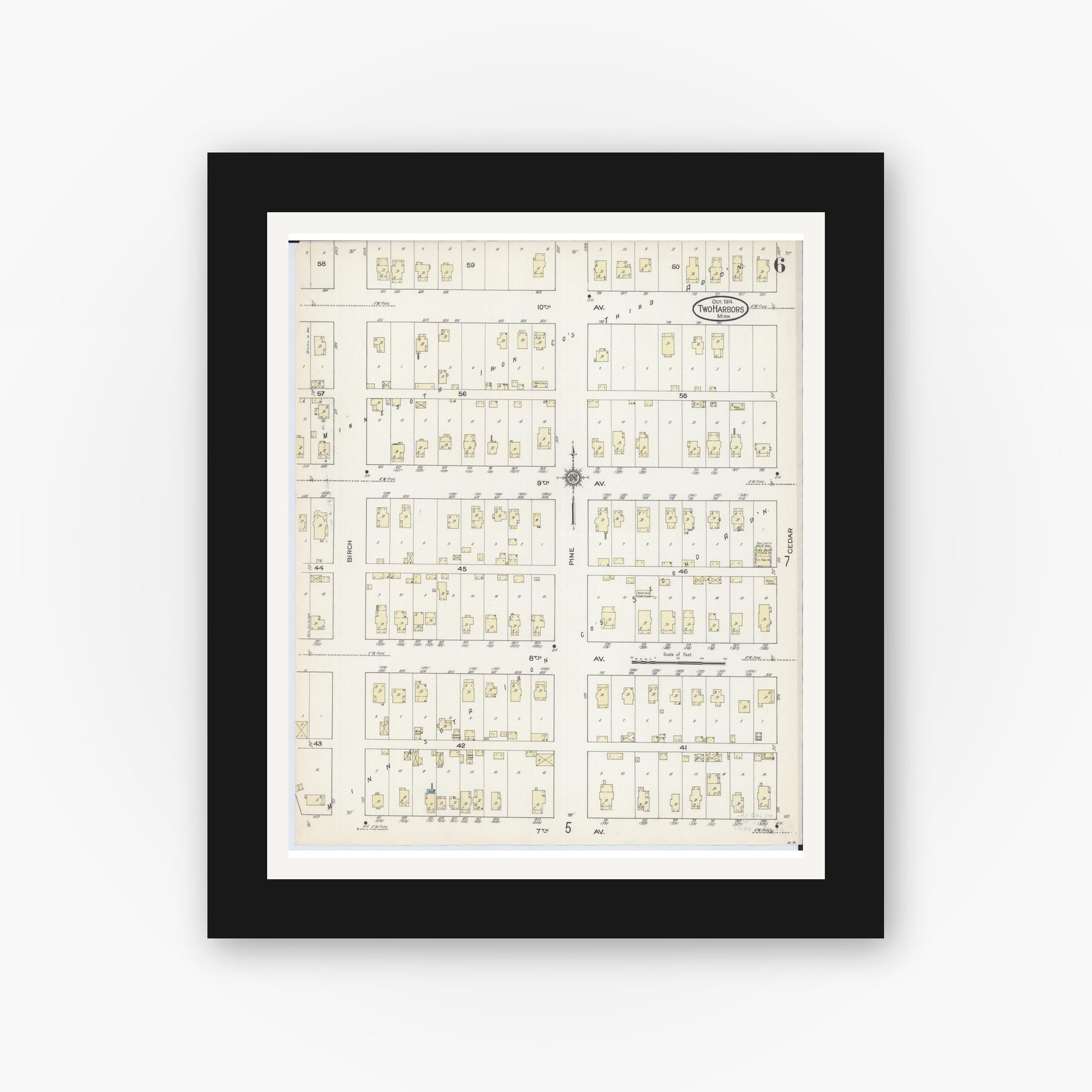 Old map wall art mockup — black gallery frame with white mat — Sanborn Fire Insurance Map from Two Harbors, Lake County, Minnesota (1914), Sheet #0006