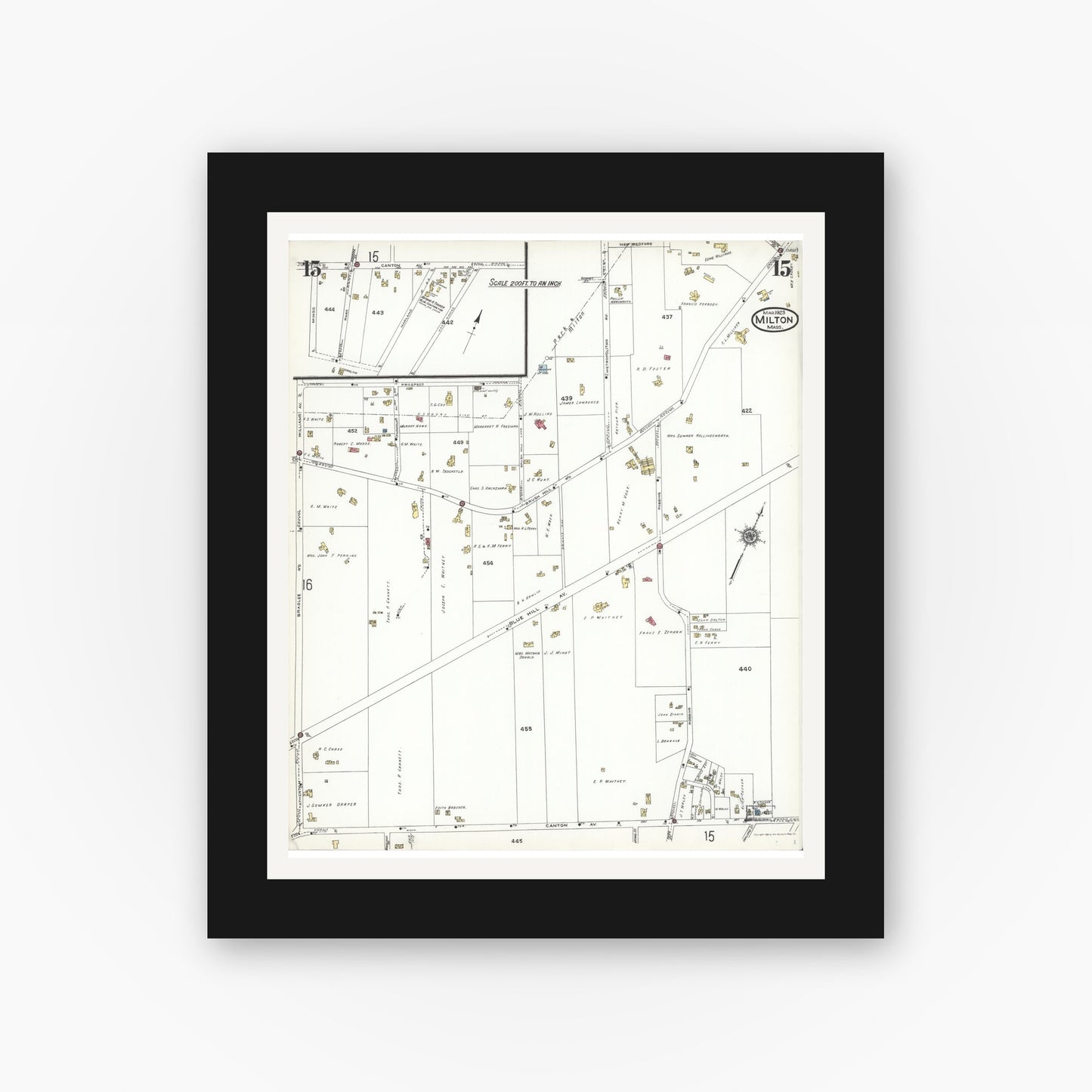 Old map wall art mockup — black gallery frame with white mat — Sanborn Fire Insurance Map from Milton, Norfolk County, Massachusetts (1923), Sheet #0015