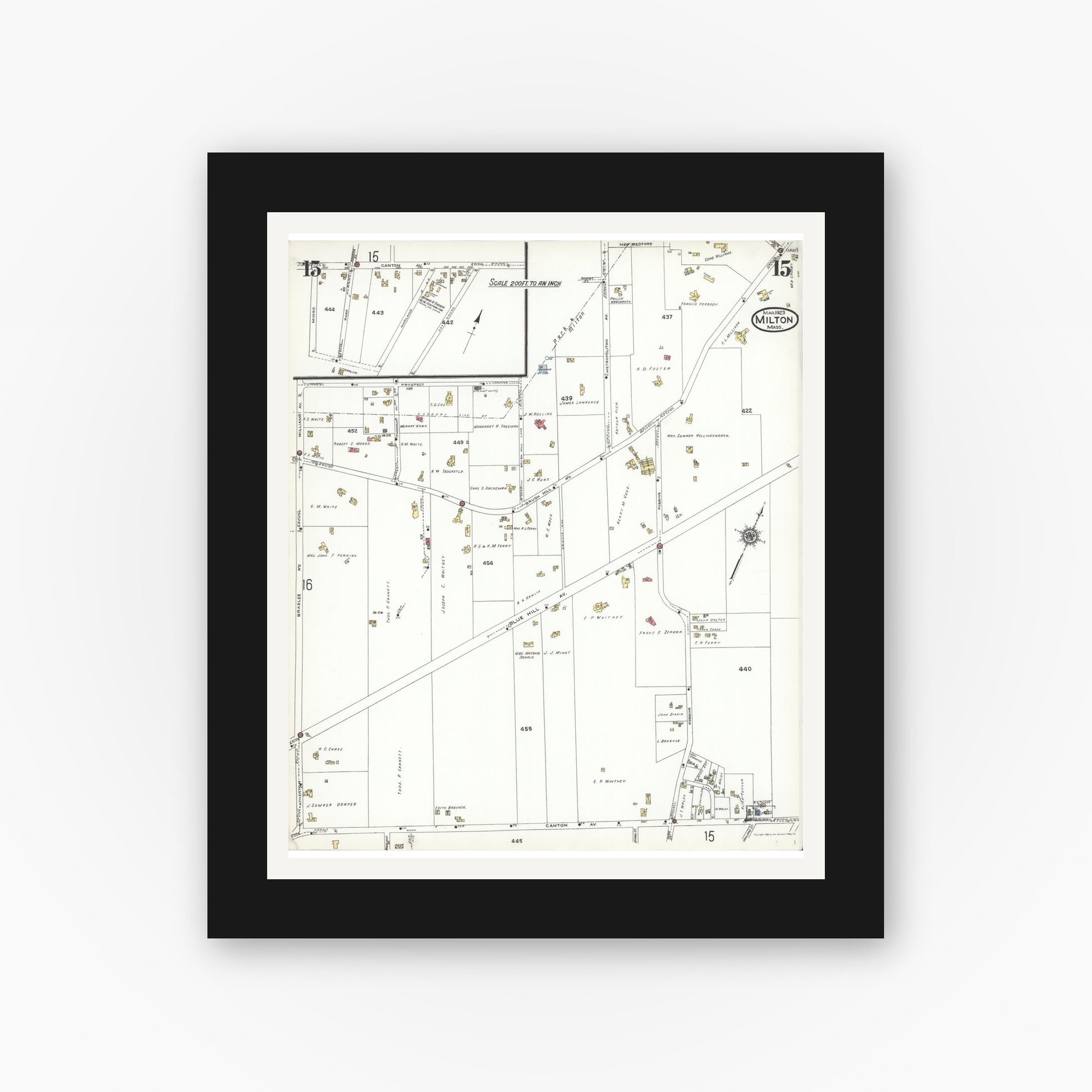 Old map wall art mockup — black gallery frame with white mat — Sanborn Fire Insurance Map from Milton, Norfolk County, Massachusetts (1923), Sheet #0015