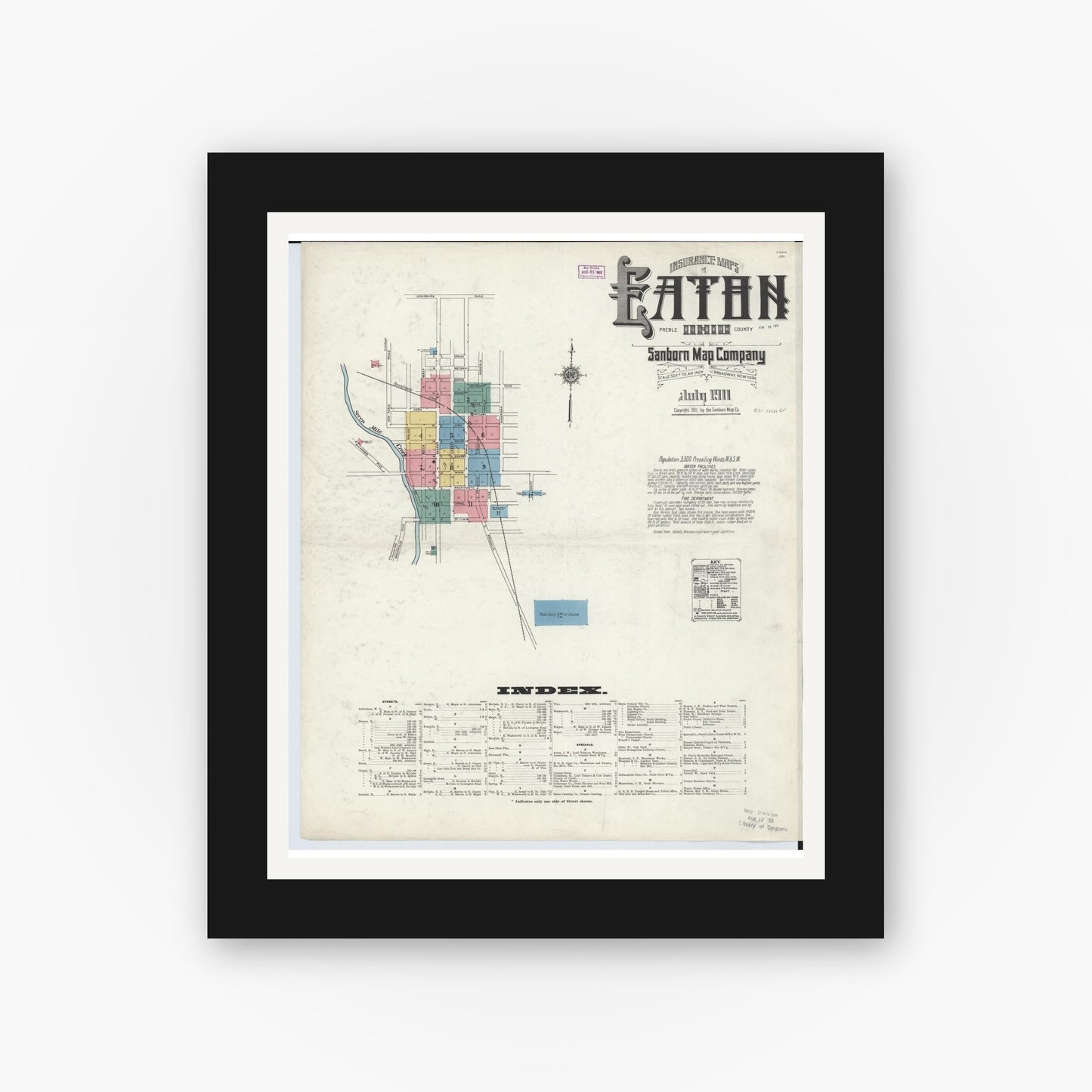 Old map wall art mockup — black gallery frame with white mat — Sanborn Fire Insurance Map from Eaton, Preble County, Ohio (1911), Sheet #0001