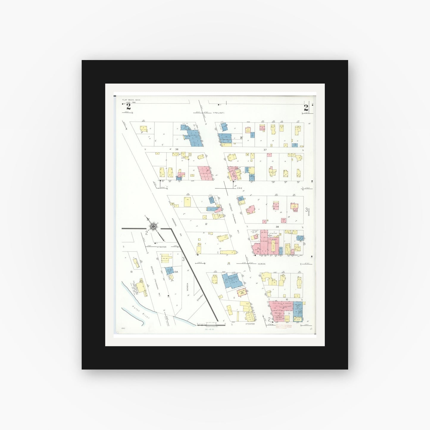 Old map wall art mockup — black gallery frame with white mat — Sanborn Fire Insurance Map from Flat Rock, Wayne County, Michigan (1941), Sheet #0002