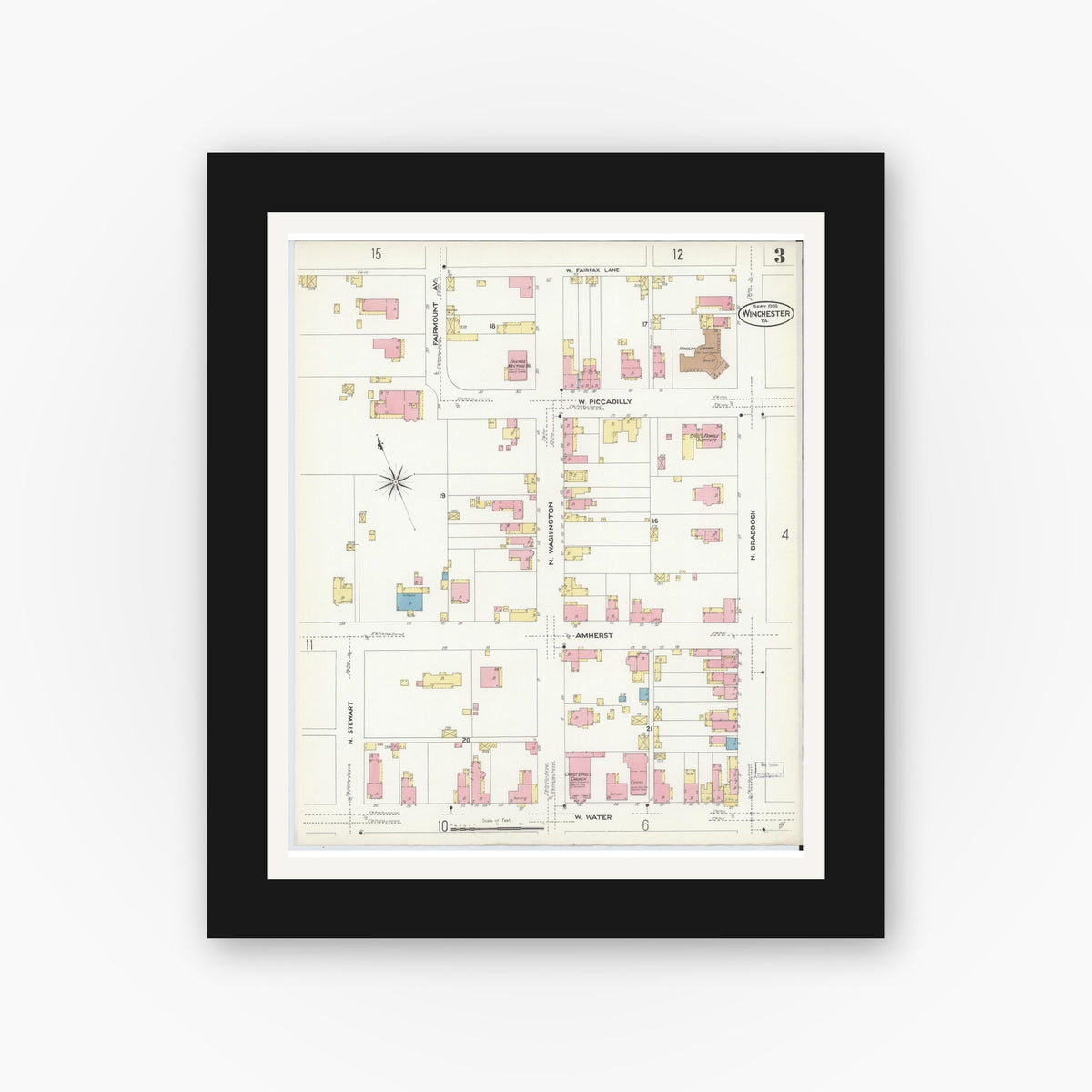Old map wall art mockup — black gallery frame with white mat — Sanborn Fire Insurance Map from Winchester, Independent Cities, Virginia (1908), Sheet #0003