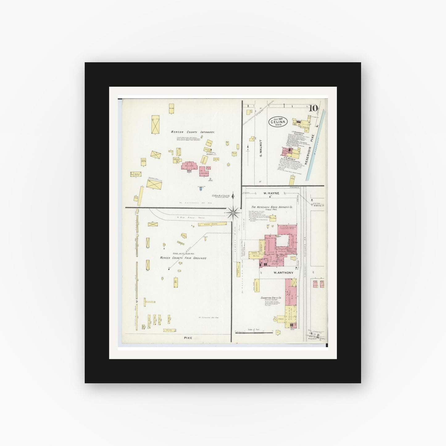 Old map wall art mockup — black gallery frame with white mat — Sanborn Fire Insurance Map from Celina, Mercer County, Ohio (1907), Sheet #0010