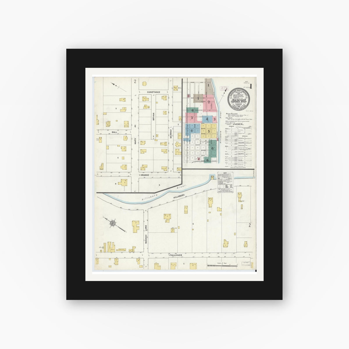 Old map wall art mockup — black gallery frame with white mat — Sanborn Fire Insurance Map from New Smyrna, Valusia County, Florida (1912) - Complete Map Set