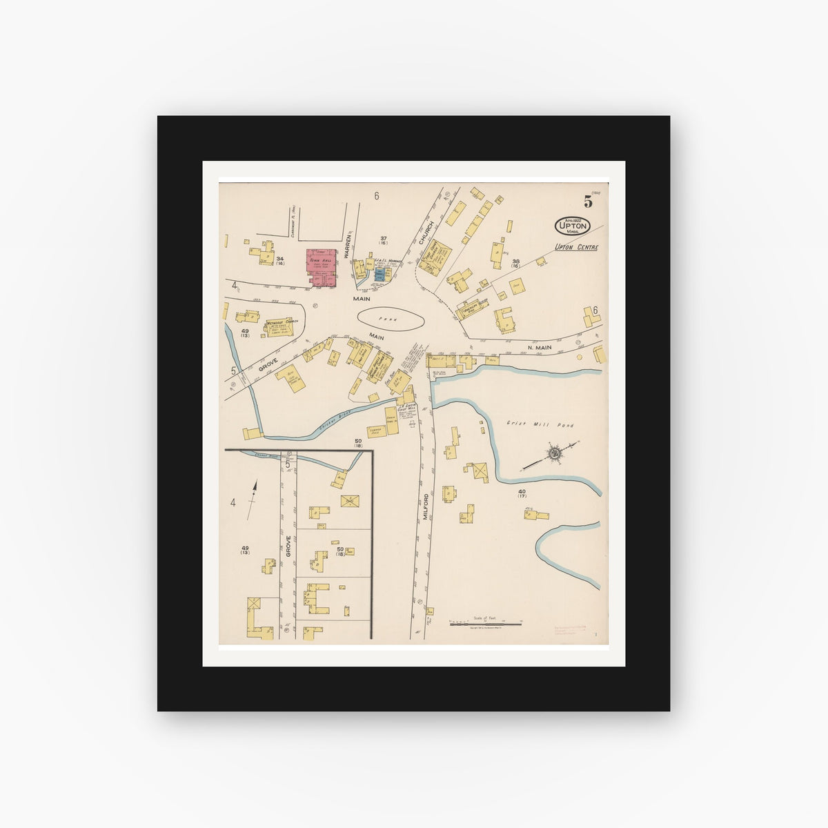 Old map wall art mockup — black gallery frame with white mat — Sanborn Fire Insurance Map from Upton, Worcester County, Massachusetts (1922), Sheet #0005