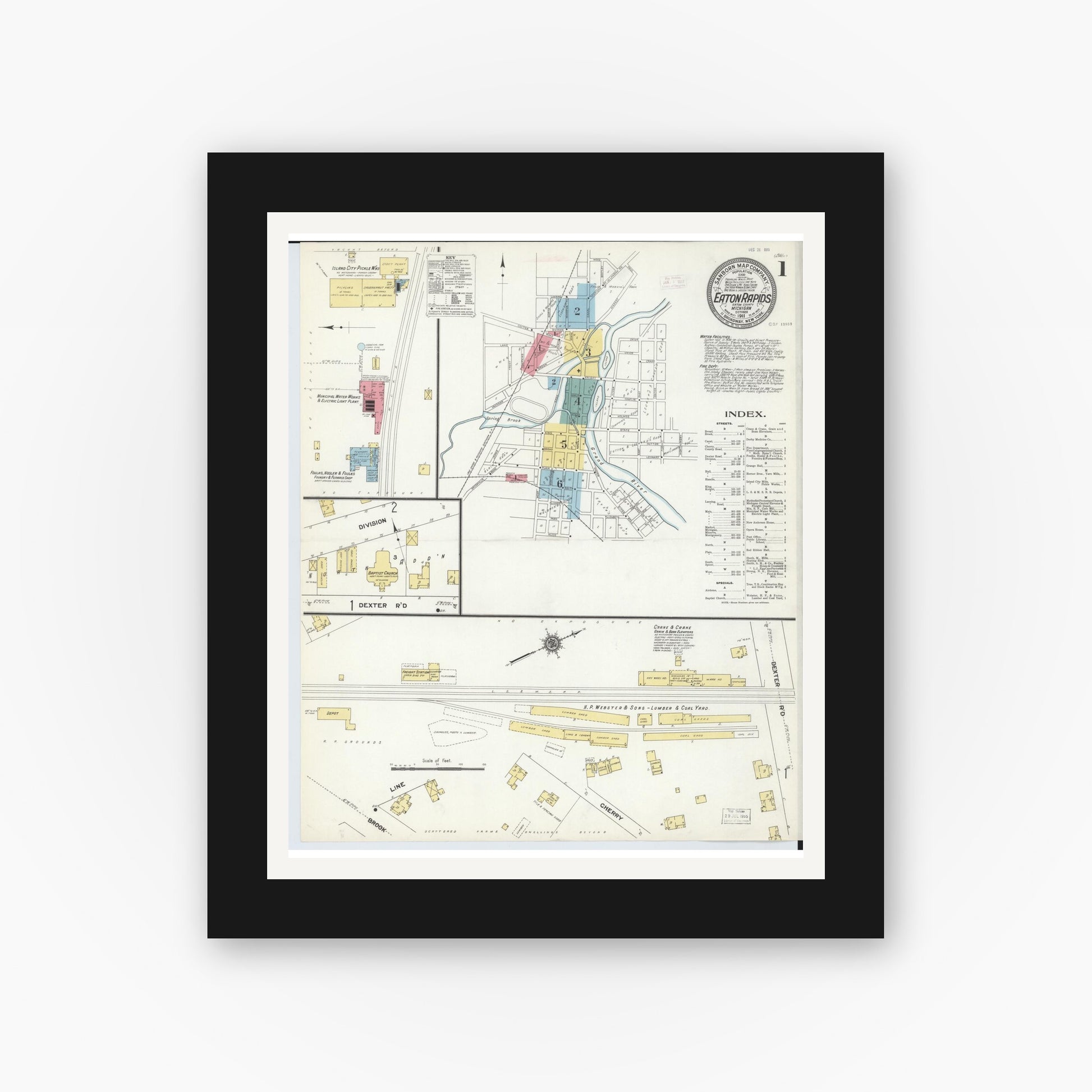Old map wall art mockup — black gallery frame with white mat — Sanborn Fire Insurance Map from Eaton Rapids, Eaton County, Michigan (1911), Sheet #0001