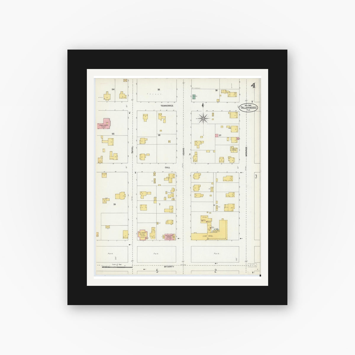 Old map wall art mockup — black gallery frame with white mat — Sanborn Fire Insurance Map from Tallahassee, Leon County, Florida (1903), Sheet #0004