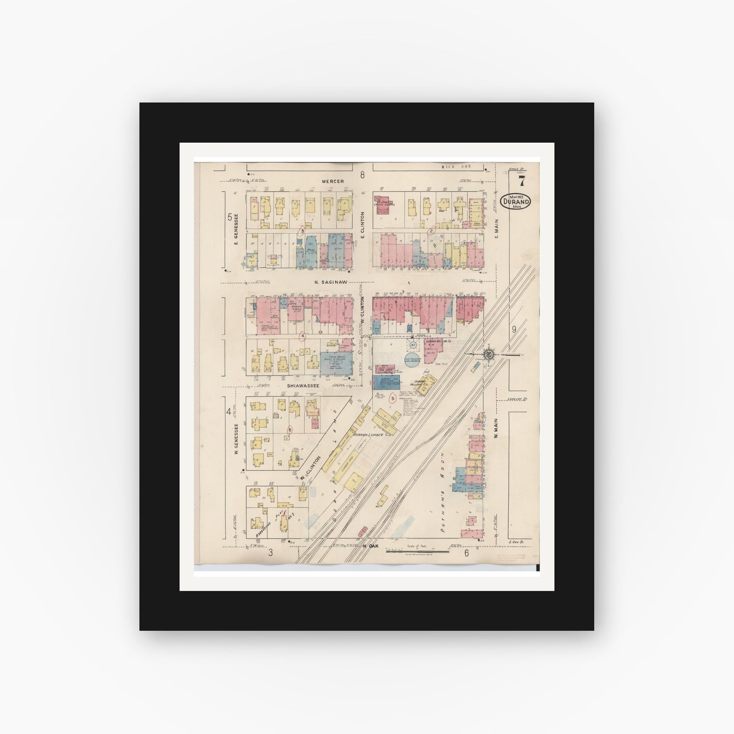 Old map wall art mockup — black gallery frame with white mat — Sanborn Fire Insurance Map from Durand, Shiawassee County, Michigan (1944), Sheet #0007