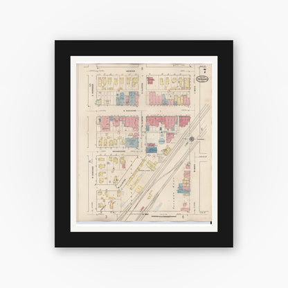 Old map wall art mockup — black gallery frame with white mat — Sanborn Fire Insurance Map from Durand, Shiawassee County, Michigan (1944), Sheet #0007