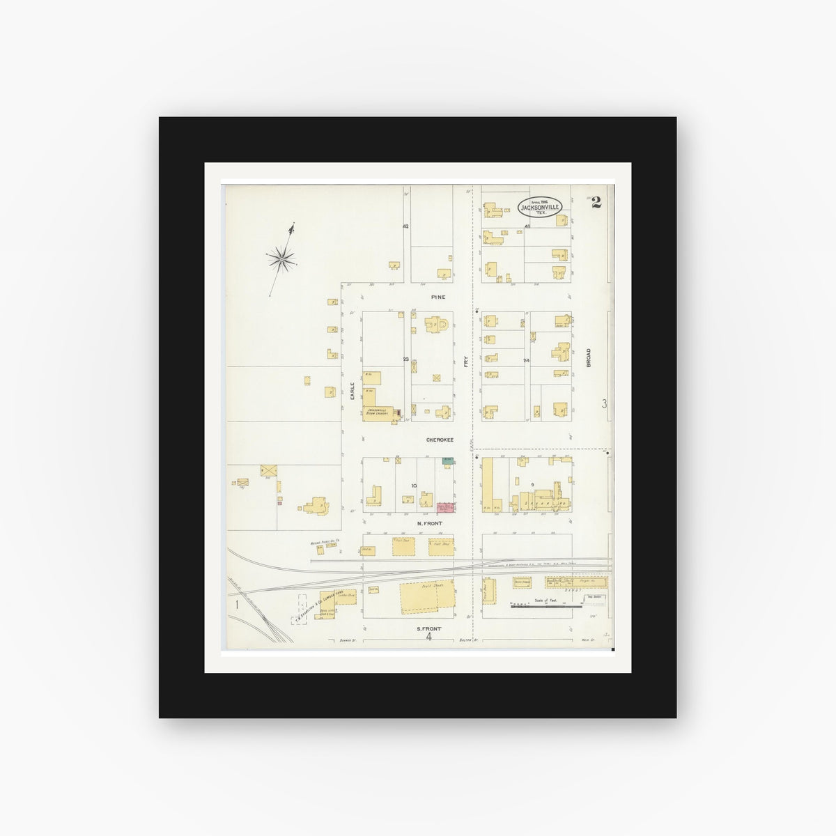 Old map wall art mockup — black gallery frame with white mat — Sanborn Fire Insurance Map from Jacksonville, Cherokee County, Texas (1906), Sheet #0002