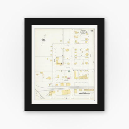Old map wall art mockup — black gallery frame with white mat — Sanborn Fire Insurance Map from Jacksonville, Cherokee County, Texas (1906), Sheet #0002