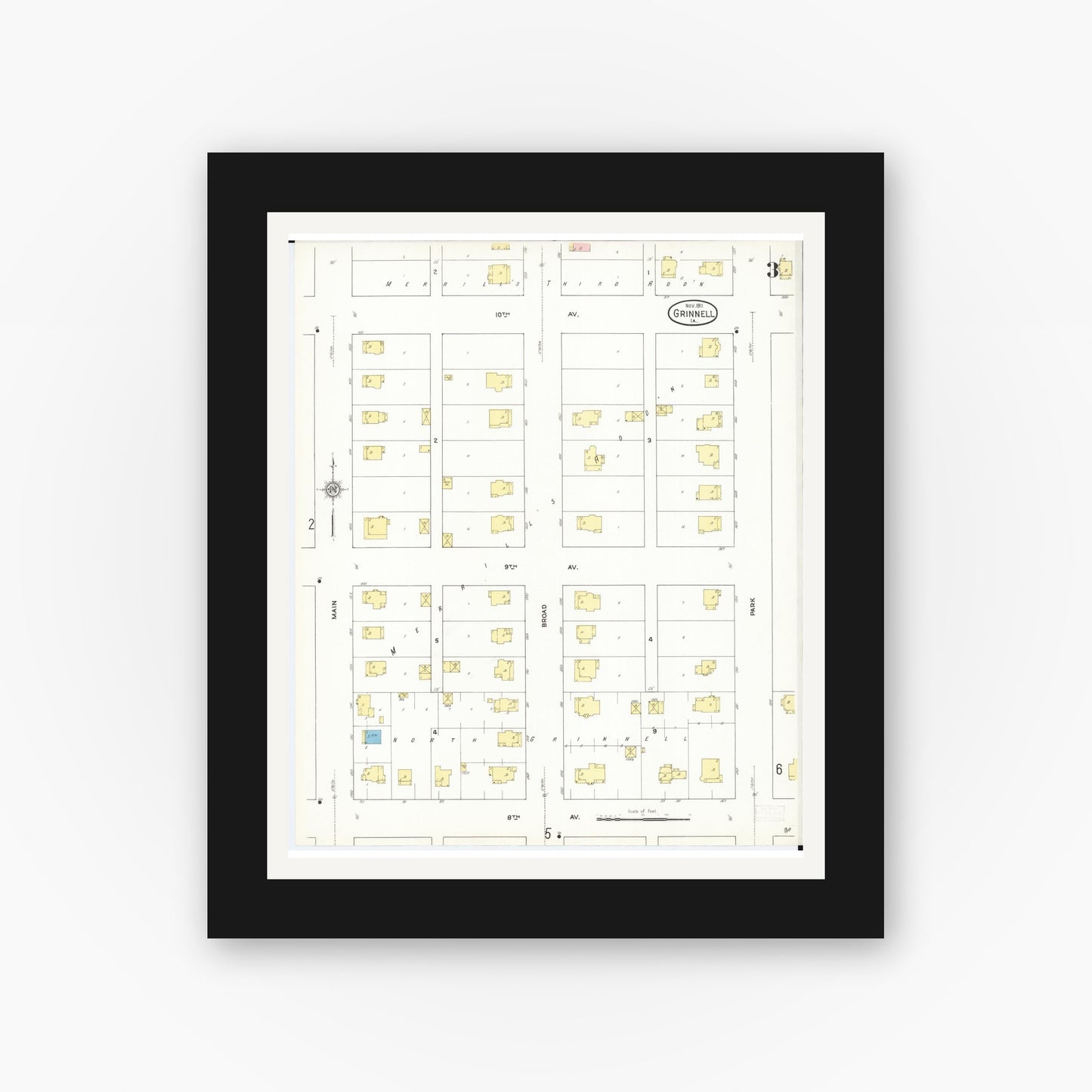 Old map wall art mockup — black gallery frame with white mat — Sanborn Fire Insurance Map from Grinnell, Poweshiek County, Iowa (1911), Sheet #0003