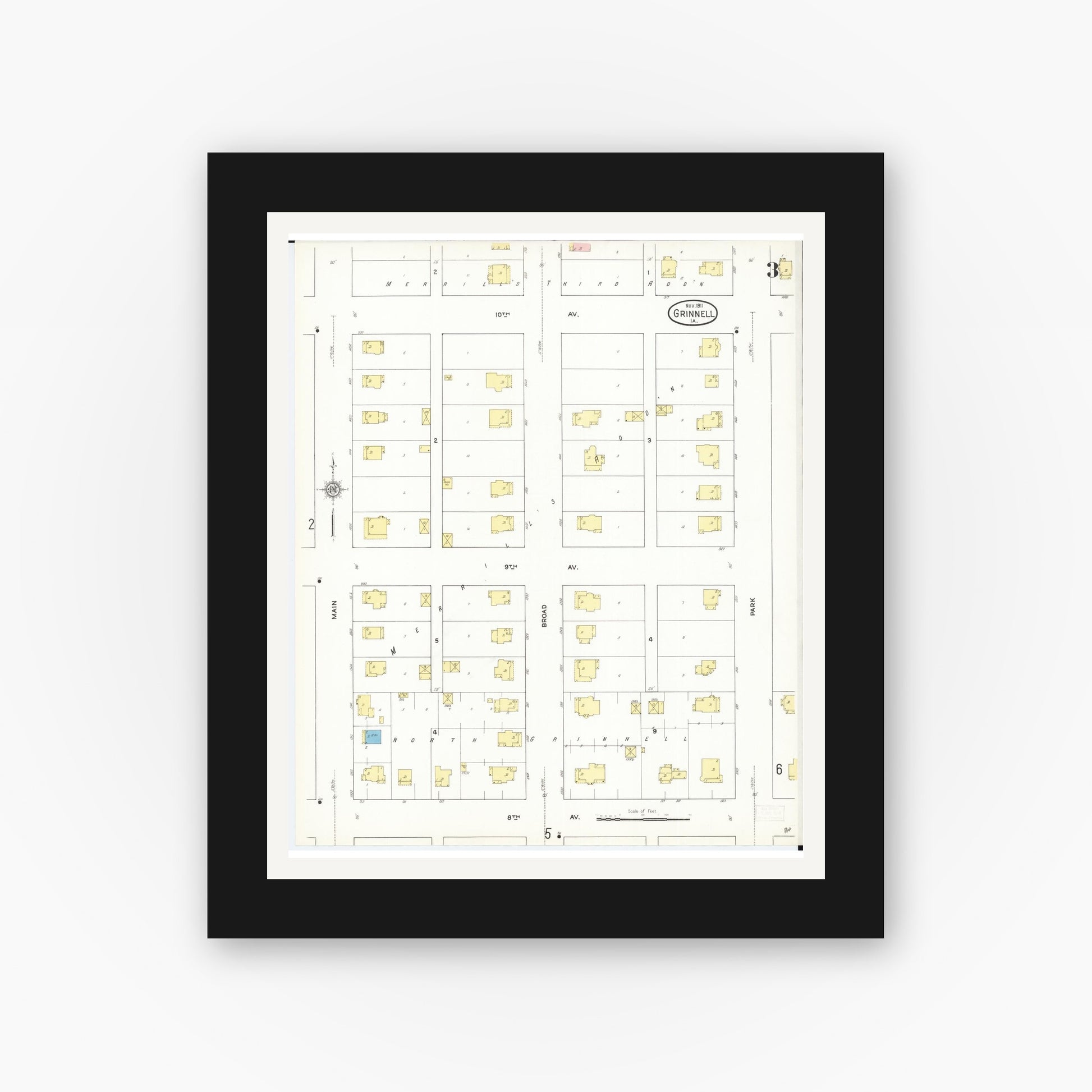 Old map wall art mockup — black gallery frame with white mat — Sanborn Fire Insurance Map from Grinnell, Poweshiek County, Iowa (1911), Sheet #0003