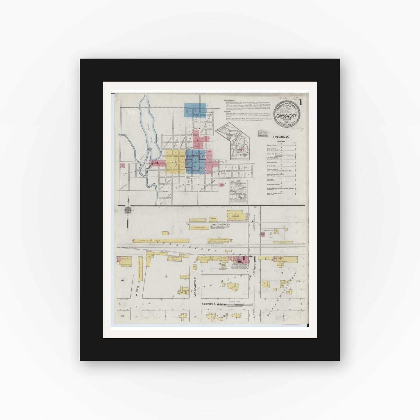 Old map wall art mockup — black gallery frame with white mat — Sanborn Fire Insurance Map from Carson City, Montcalm County, Michigan (1918) - Complete Map Set