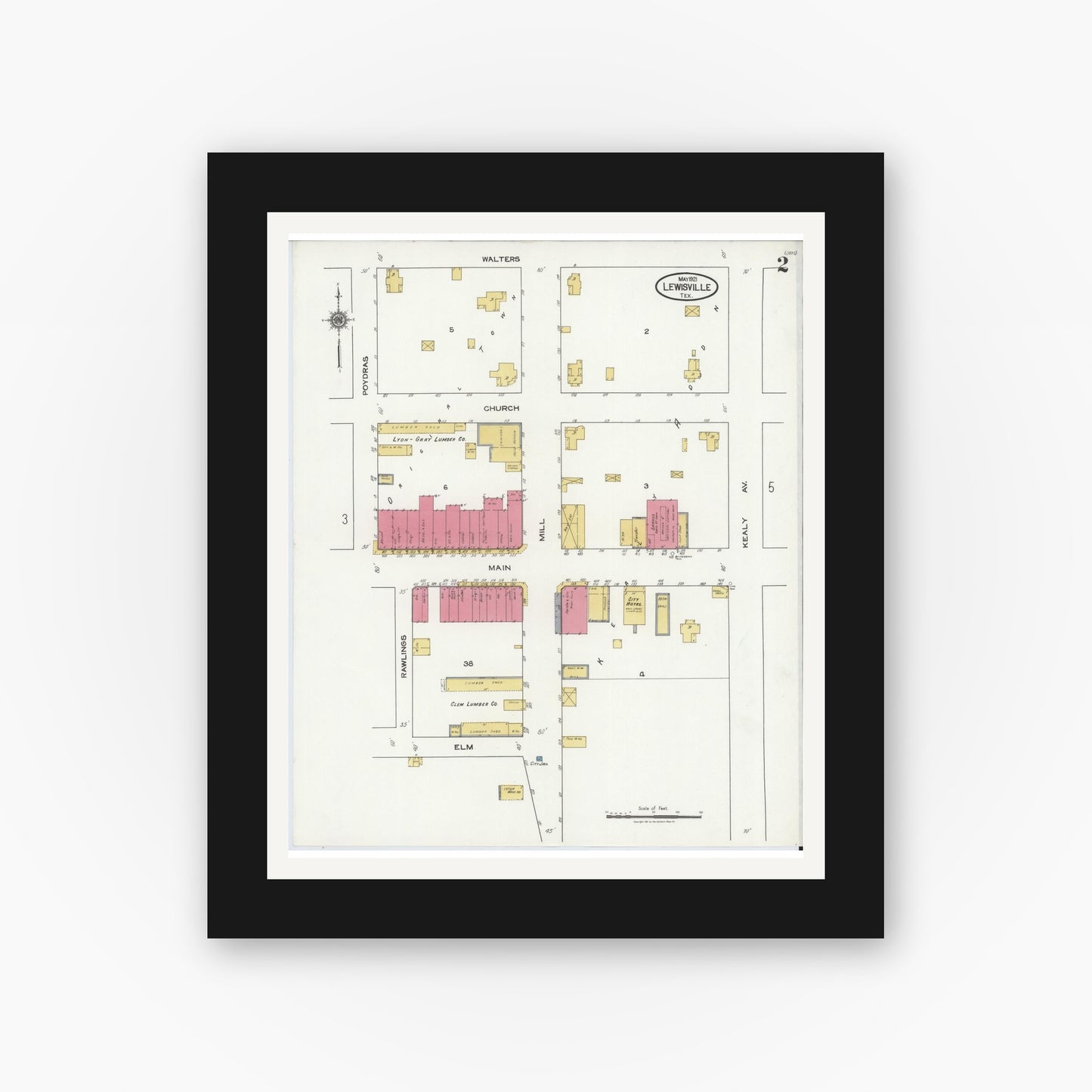 Old map wall art mockup — black gallery frame with white mat — Sanborn Fire Insurance Map from Lewisville, Denton County, Texas (1921), Sheet #0002