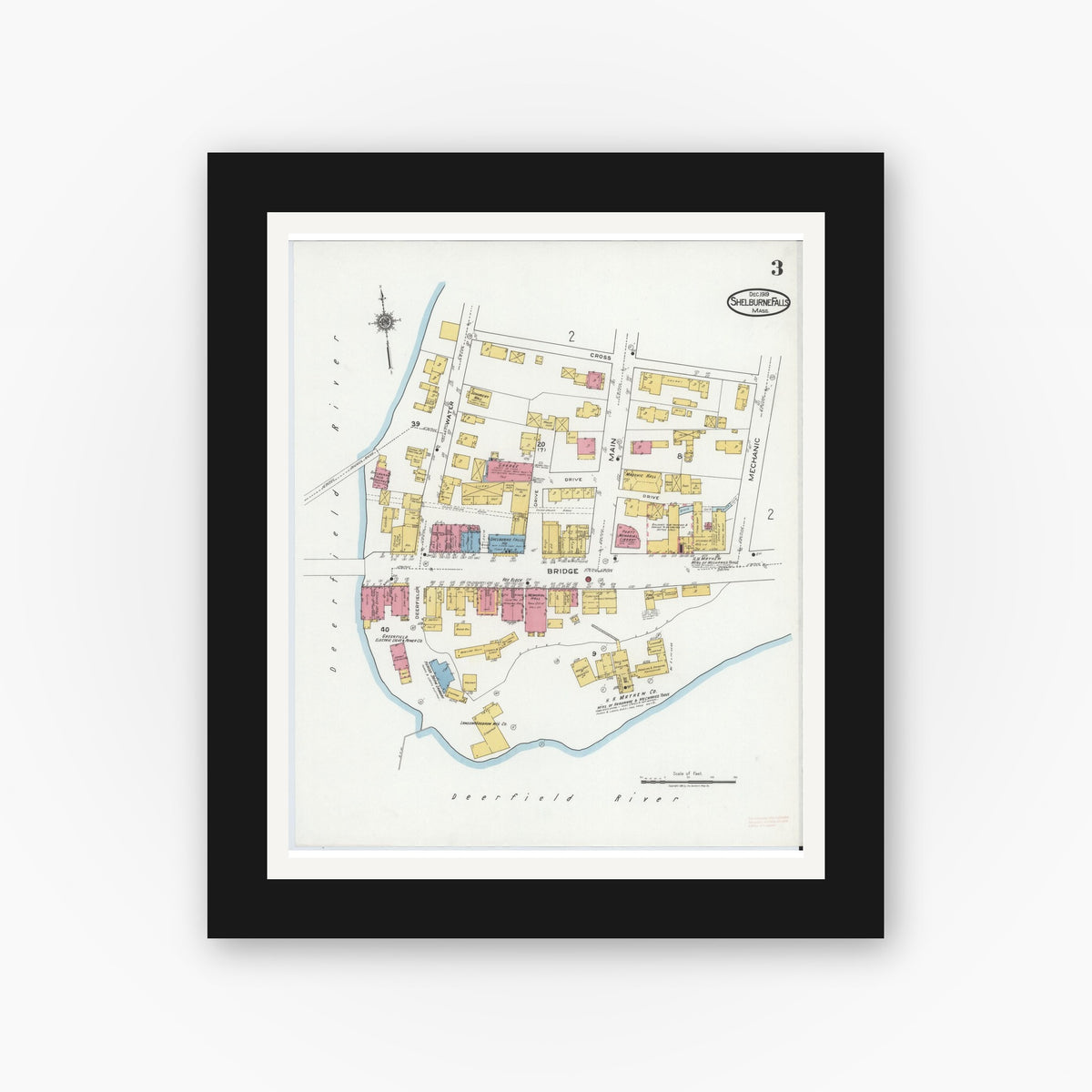 Old map wall art mockup — black gallery frame with white mat — Sanborn Fire Insurance Map from Shelburne Falls, Franklin County, Massachusetts (1919), Sheet #0003