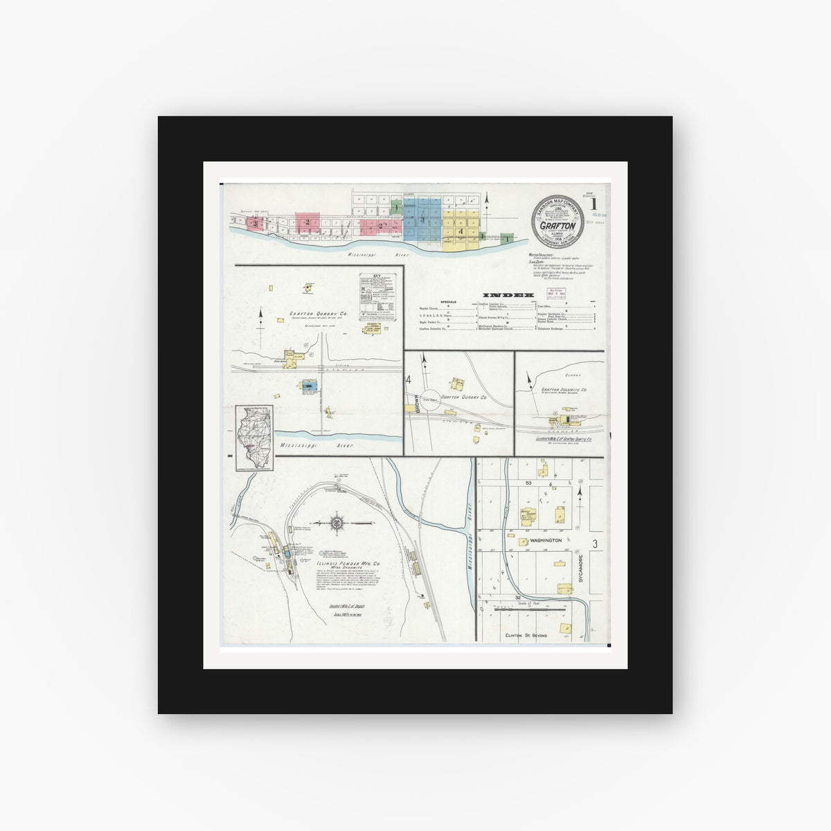 Old map wall art mockup — black gallery frame with white mat — Sanborn Fire Insurance Map from Grafton, Jersey County, Illinois (1914) - Complete Map Set