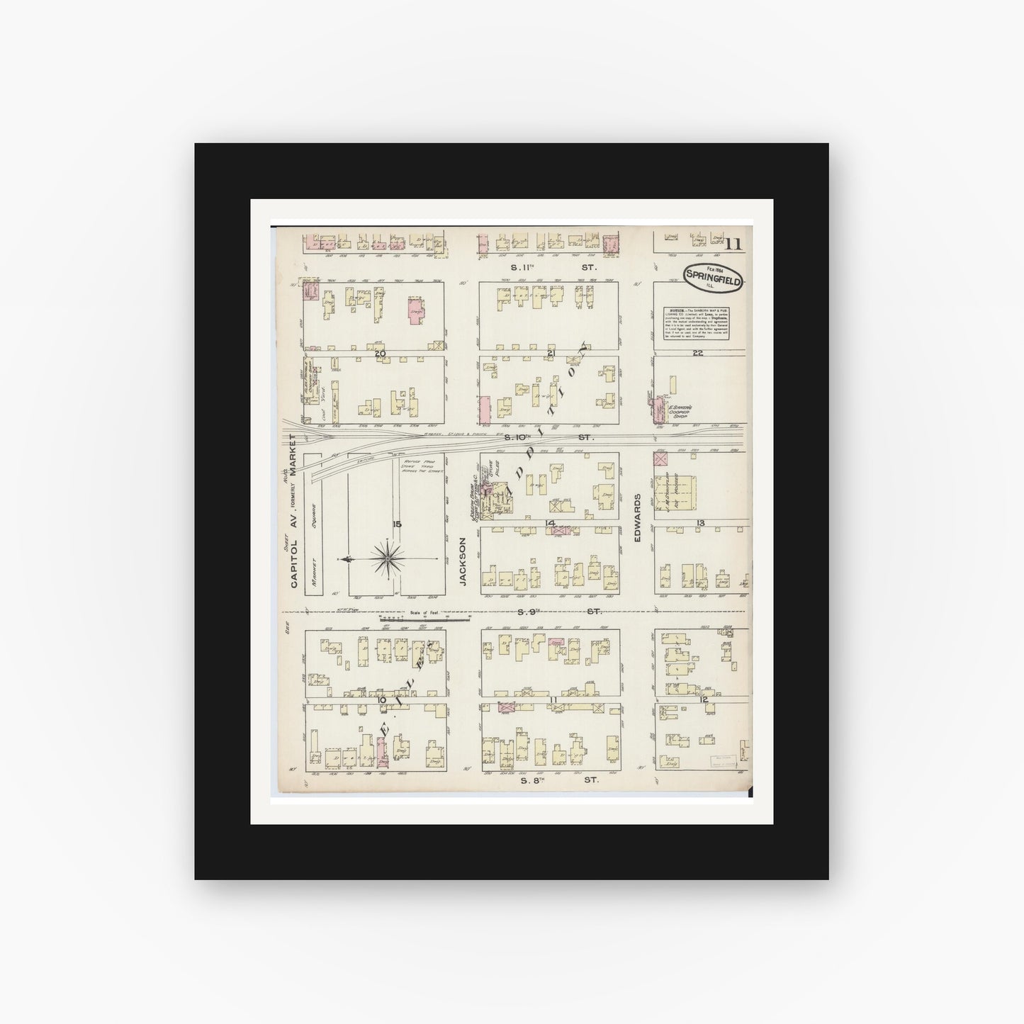 Old map wall art mockup — black gallery frame with white mat — Sanborn Fire Insurance Map from Springfield, Sangamon County, Illinois (1884), Sheet #0011
