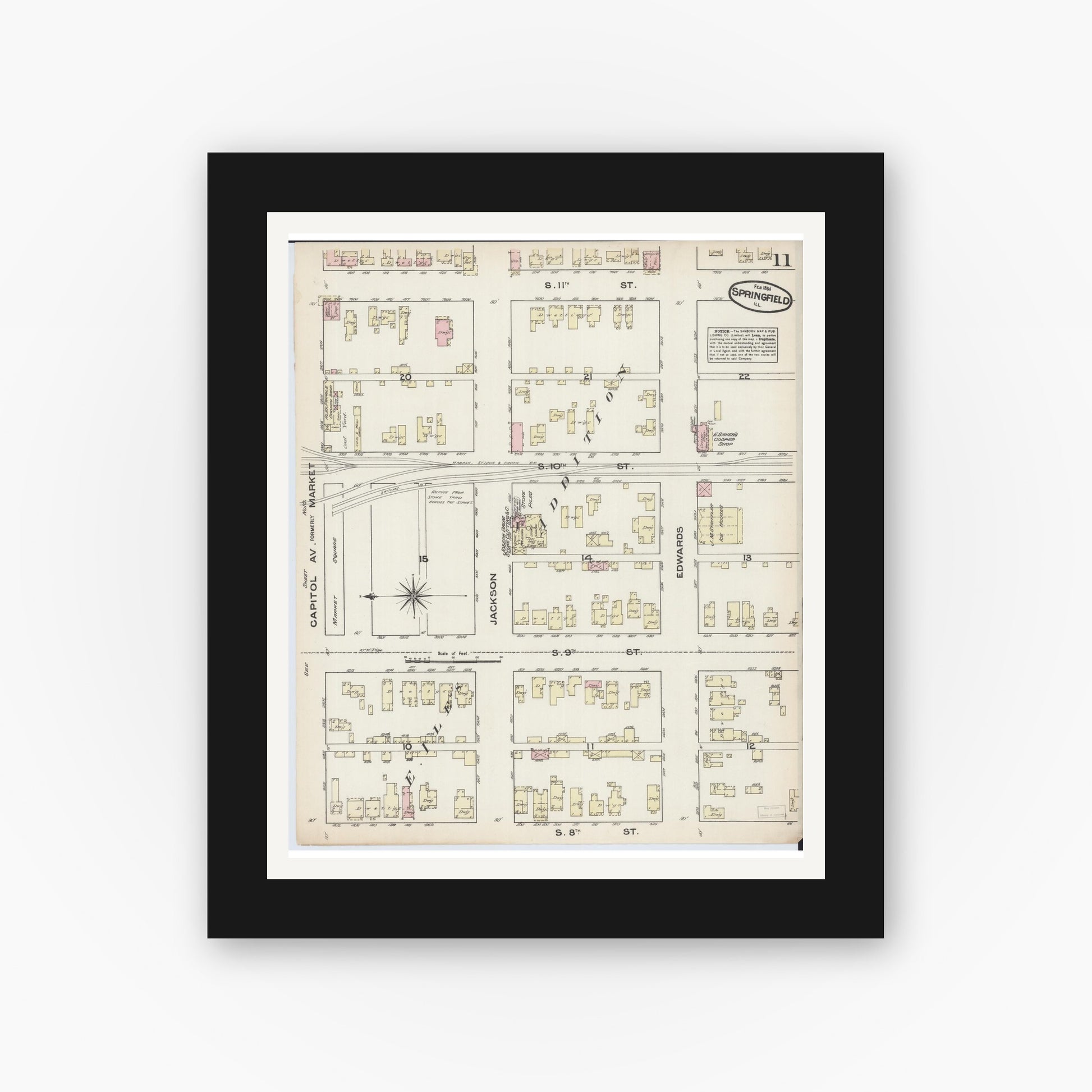 Old map wall art mockup — black gallery frame with white mat — Sanborn Fire Insurance Map from Springfield, Sangamon County, Illinois (1884), Sheet #0011