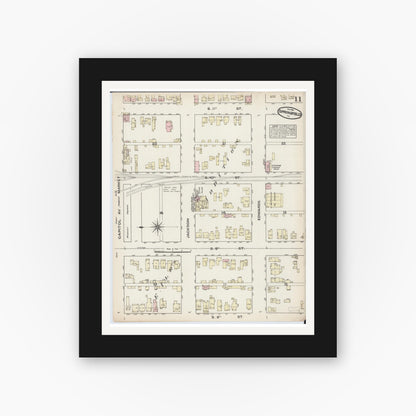 Old map wall art mockup — black gallery frame with white mat — Sanborn Fire Insurance Map from Springfield, Sangamon County, Illinois (1884), Sheet #0011