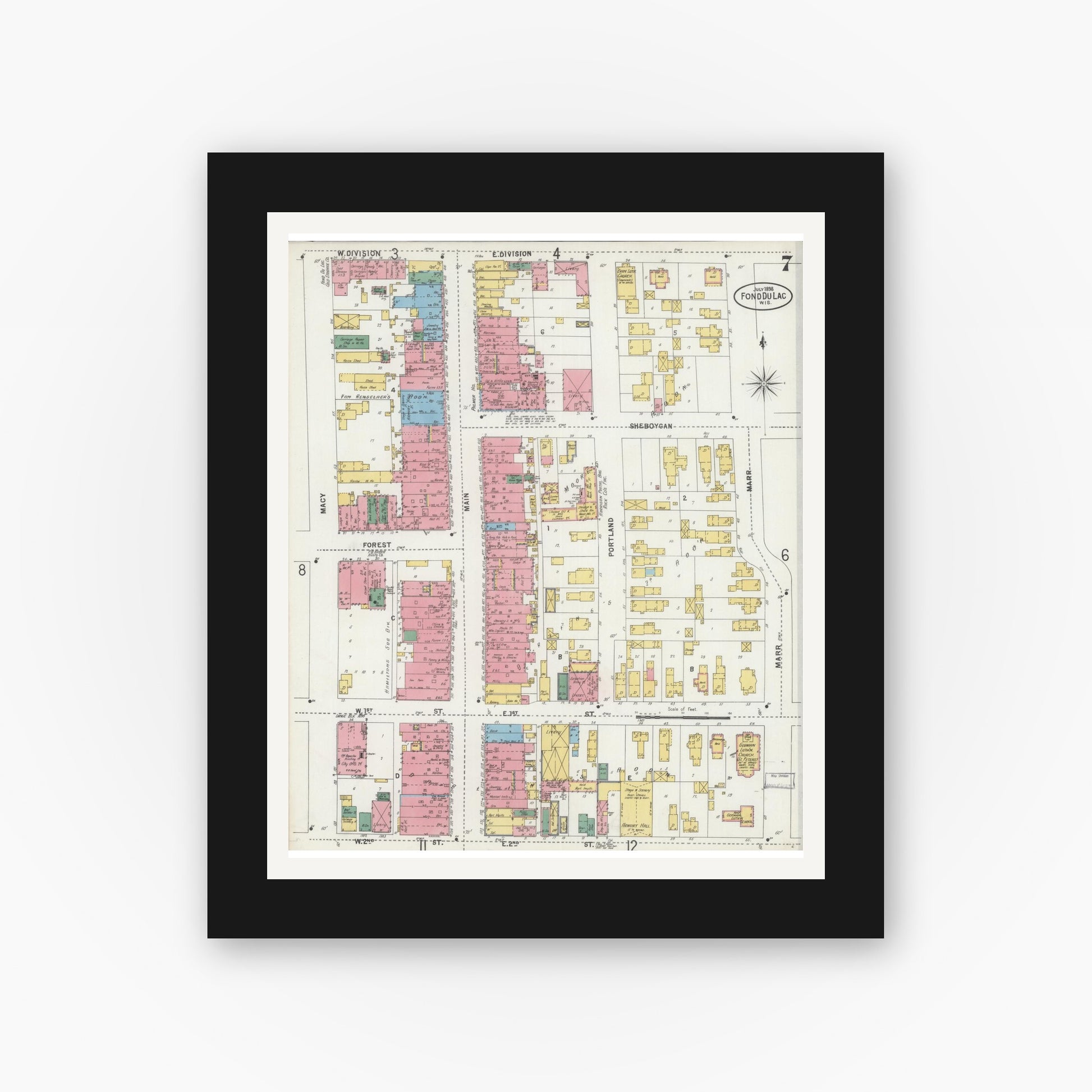 Old map wall art mockup — black gallery frame with white mat — Sanborn Fire Insurance Map from Fond du Lac, Fond du Lac County, Wisconsin (1898), Sheet #0007