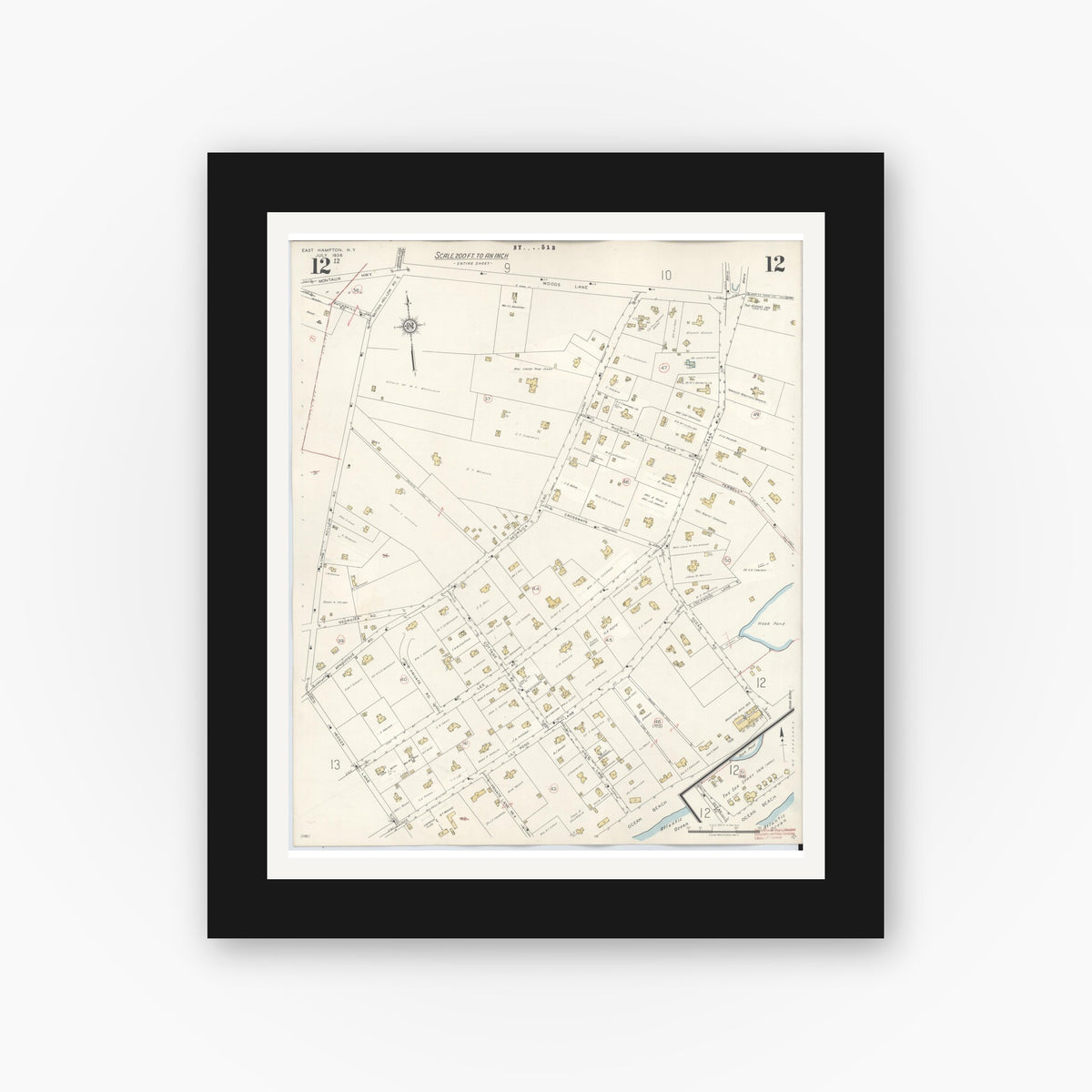 Old map wall art mockup — black gallery frame with white mat — Sanborn Fire Insurance Map from Easthampton, Suffolk County, New York (1943), Sheet #0012