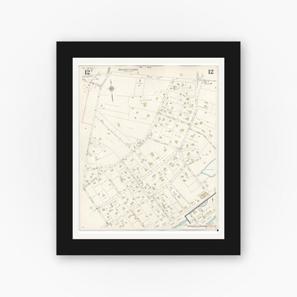 Old map wall art mockup — black gallery frame with white mat — Sanborn Fire Insurance Map from Easthampton, Suffolk County, New York (1943), Sheet #0012