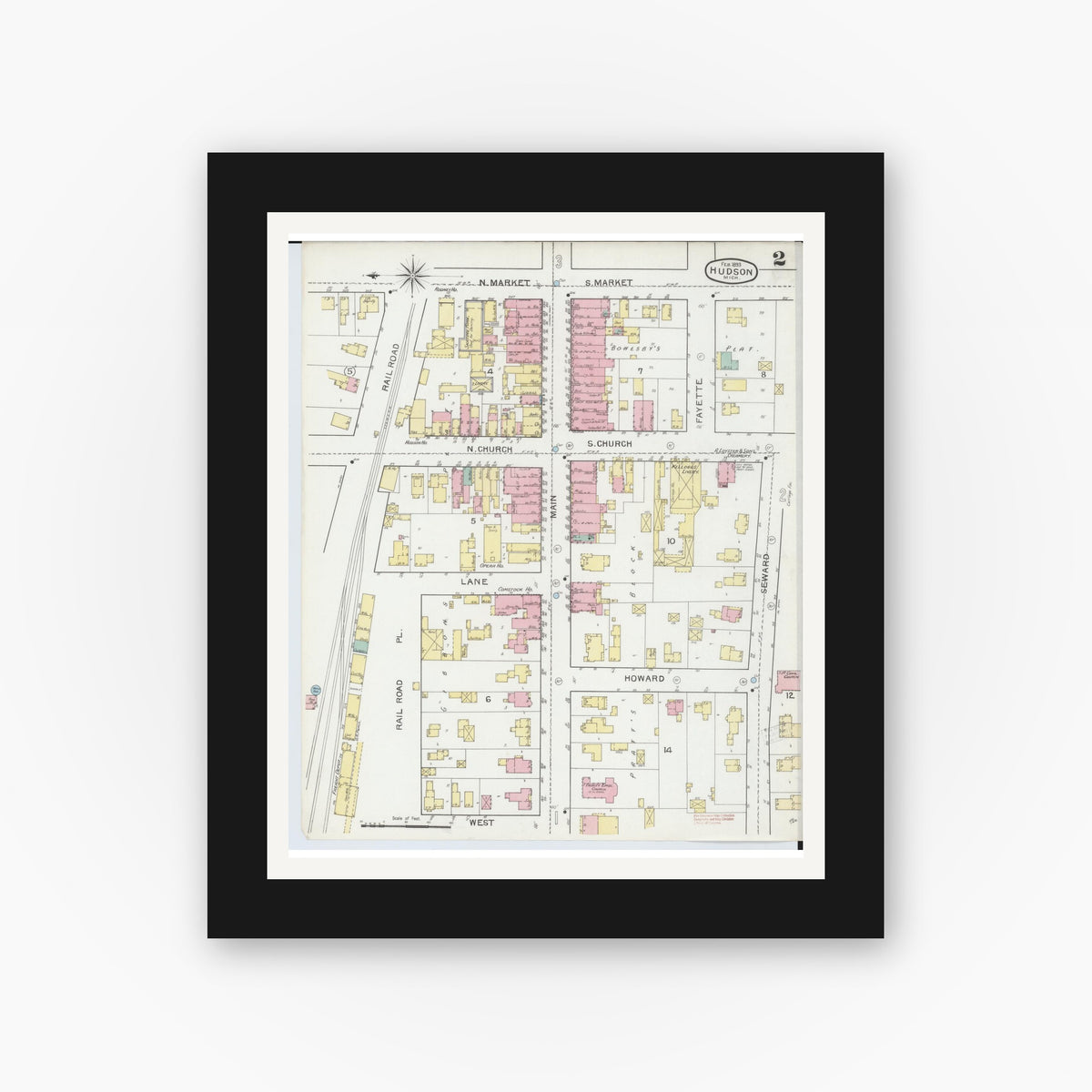 Old map wall art mockup — black gallery frame with white mat — Sanborn Fire Insurance Map from Hudson, Lenawee County, Michigan (1893), Sheet #0002