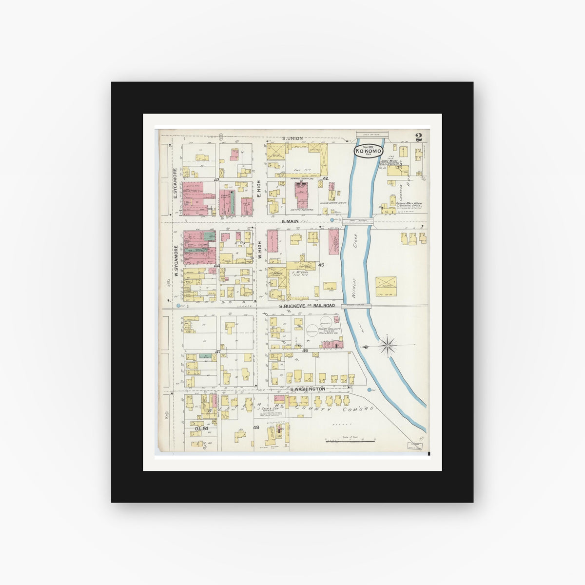 Old map wall art mockup — black gallery frame with white mat — Sanborn Fire Insurance Map from Kokomo, Howard County, Indiana (1892), Sheet #0002