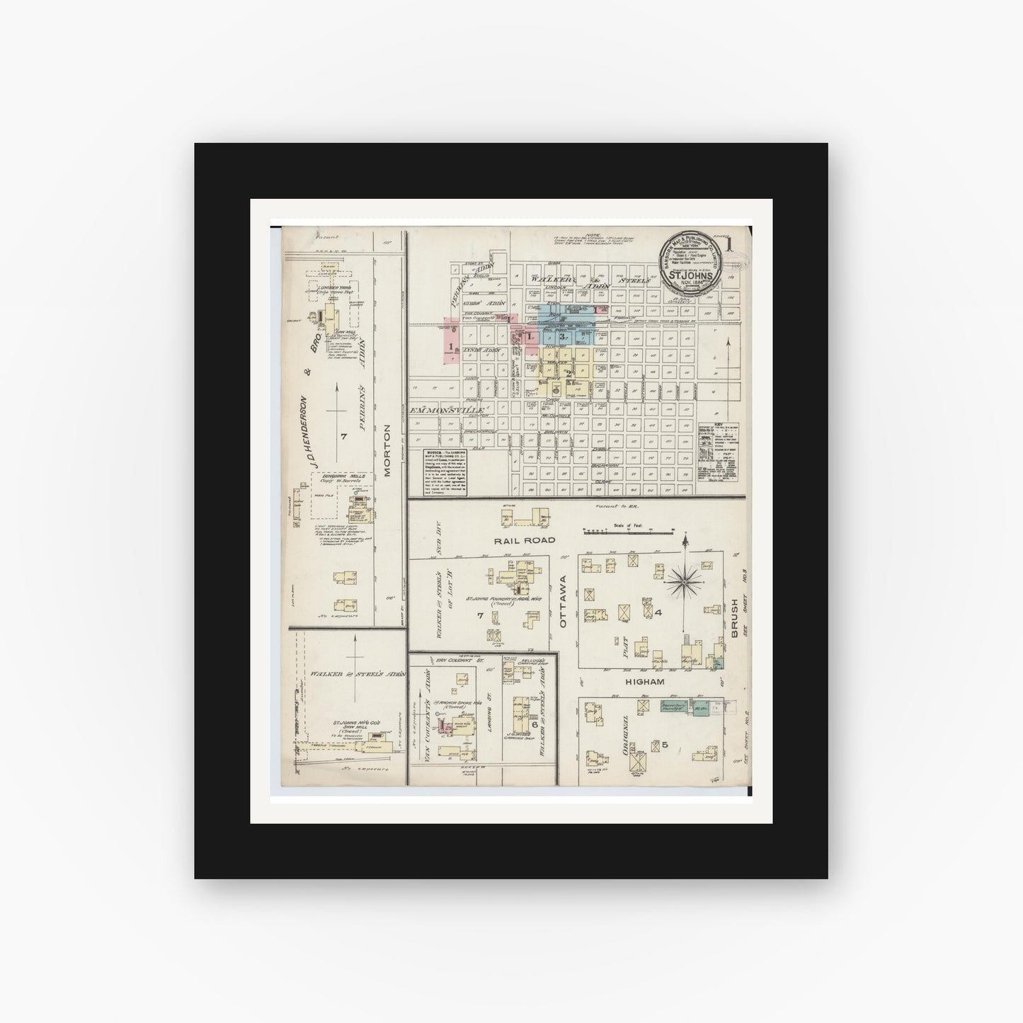 Old map wall art mockup — black gallery frame with white mat — Sanborn Fire Insurance Map from Saint Johns, Clinton County, Michigan (1884) - Complete Map Set